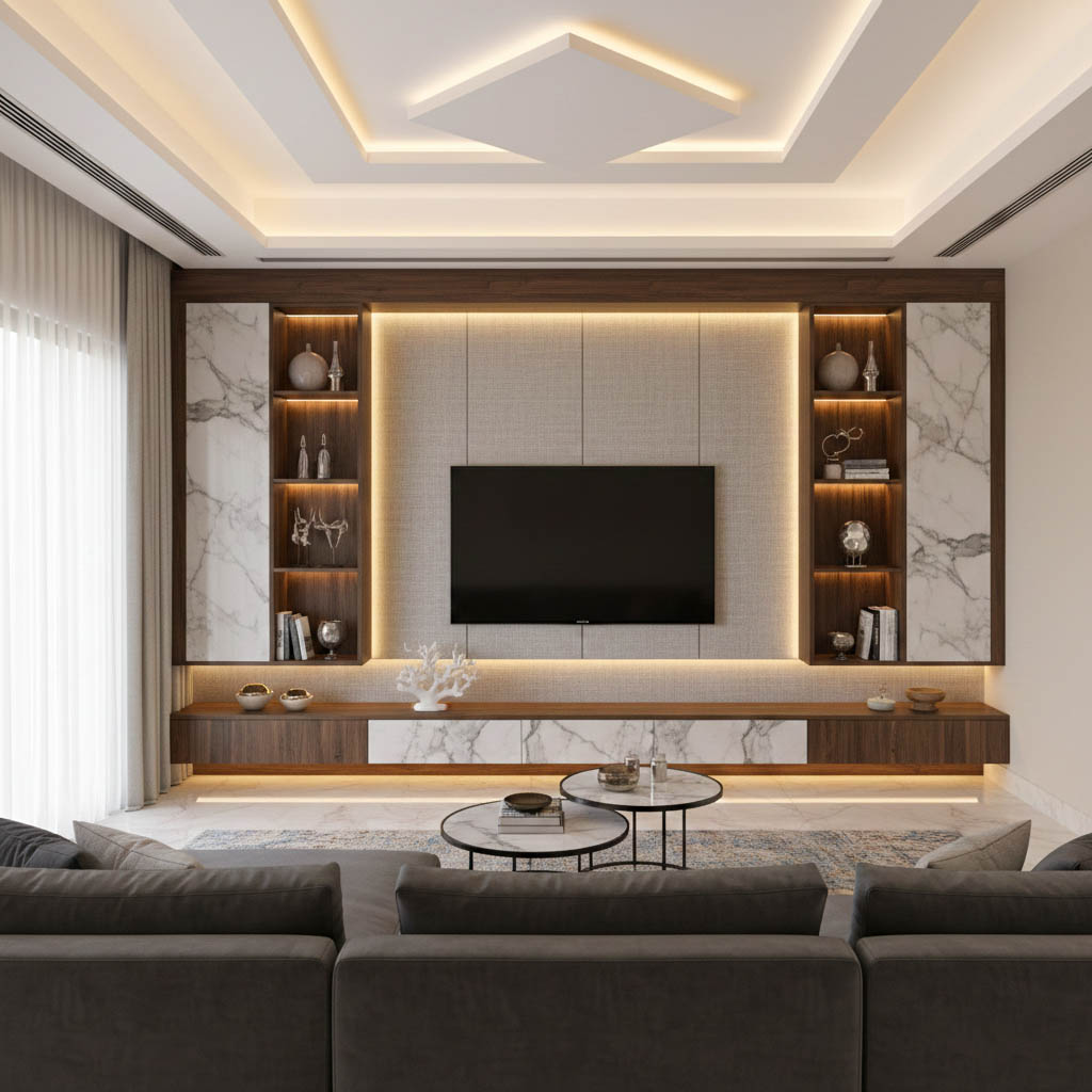 Modern living room interior design with false ceiling